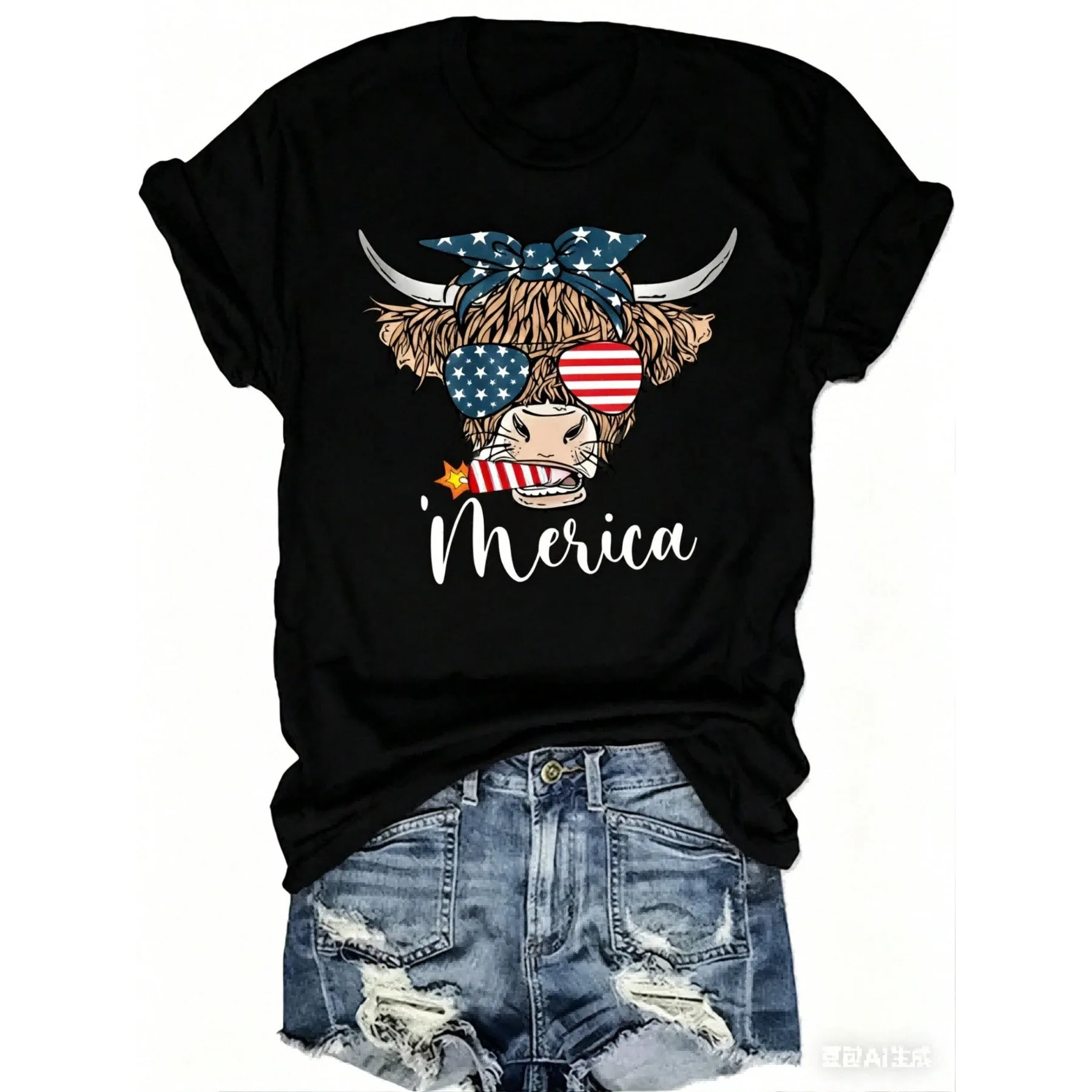 American Flag Sunglasses Highland Cow Tee, Regular Length Short Sleeve Round Neck Plus Size T-Shirt For Perfect For Independence Day Patriotic Outfits