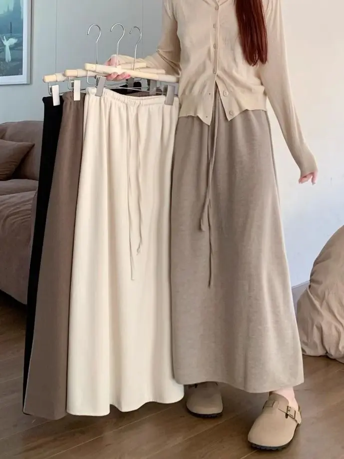 

Large Size Women's Autumn High Waisted Mid Length Skirt for Women's Korean Elegant Elastic Solid Color A-line Skirt XT1500