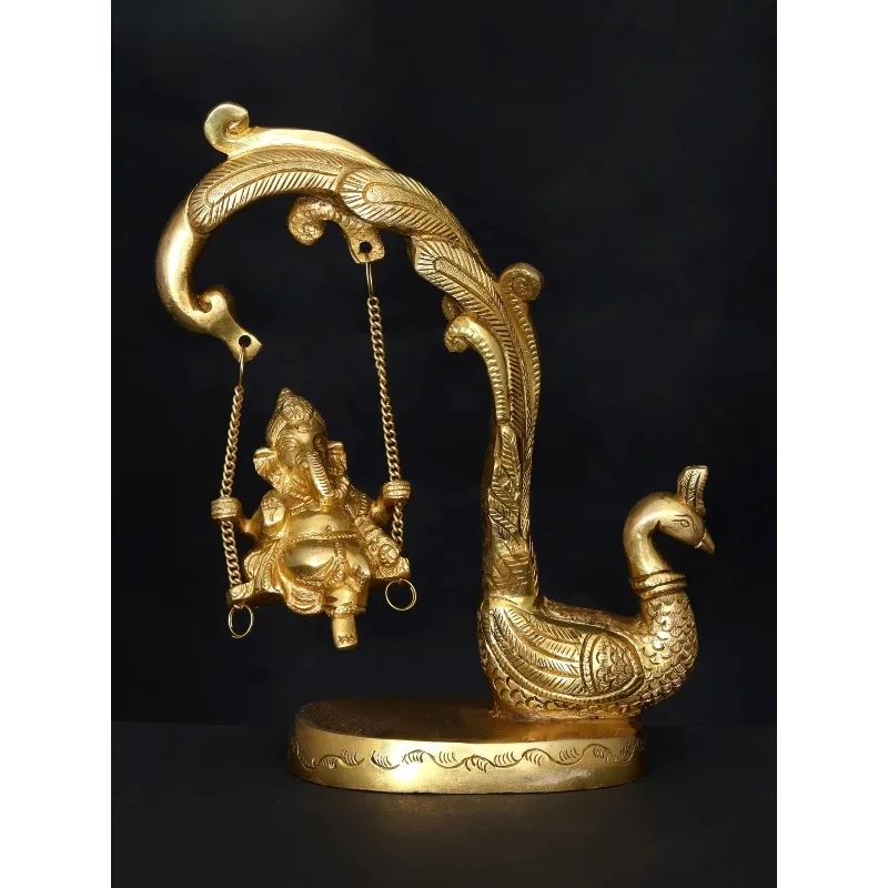 Elegant 9-inch Lord Ganesha Brass Sculpture Statue Swing Peacock Quality Sculpture Artwork
