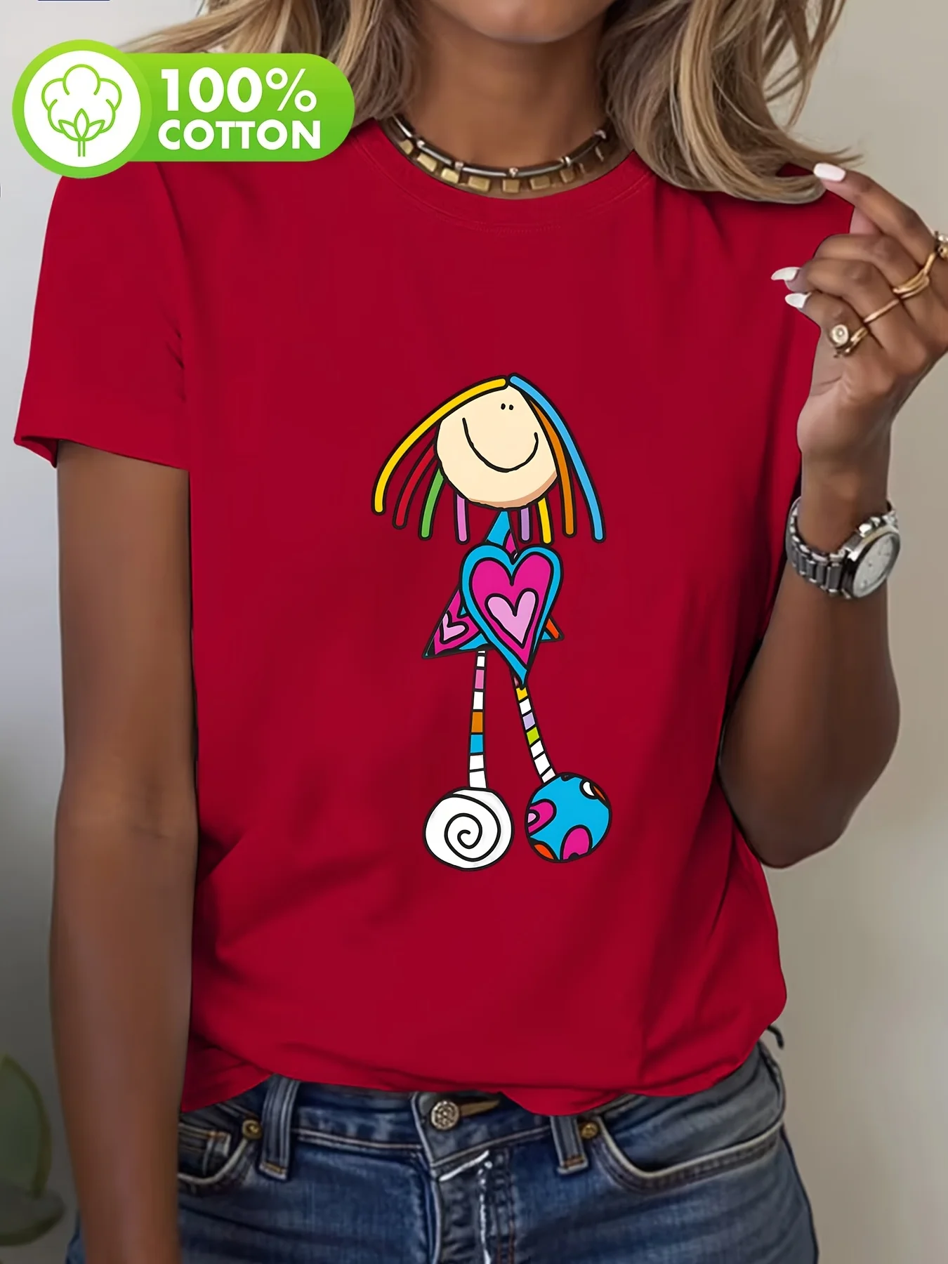 Colorful Heart-shaped Figurine Print Round Neck Short Sleeved T-shirt Comfortable Casual Short Sleeved T-shirt in Summer