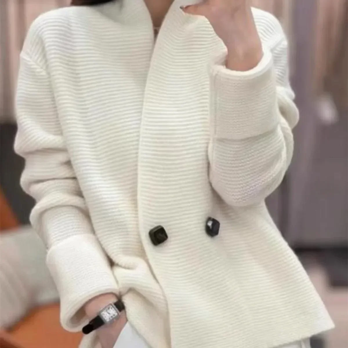 Women\'s Loose and Lazy Style Mid-length Sweater, Casual Coats, Simple Knit Cardigan, Korean Style, Spring, Autumn