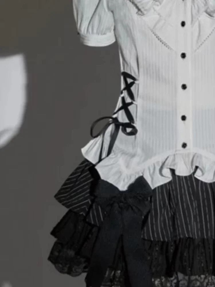 Japanische 2-teilige Sets für Damen, unregelmäßige Rüschen, schmale Passform, Bandage-Bluse + hohe Taille, Spitze, Patchwork-Röcke, Y2k-Ästhetische Outfits