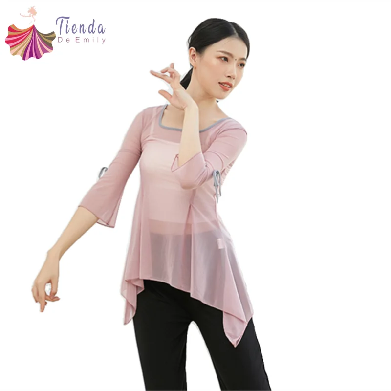 Classical Dance Tops Body Rhyme Women Square Neck Mesh Sheer Blouse Middle Sleeve Folk Dancing Costumes Flowy Hem Stage Clothes