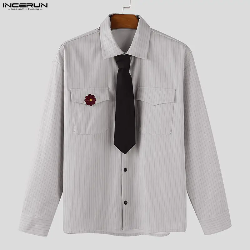 

INCERUN Мужская рубашка в полоску с лоскутными лацканами и длинными рукавами, свободная мужская одежда, уличная одежда, корейская мода, повседневные мужские топы с галстуком