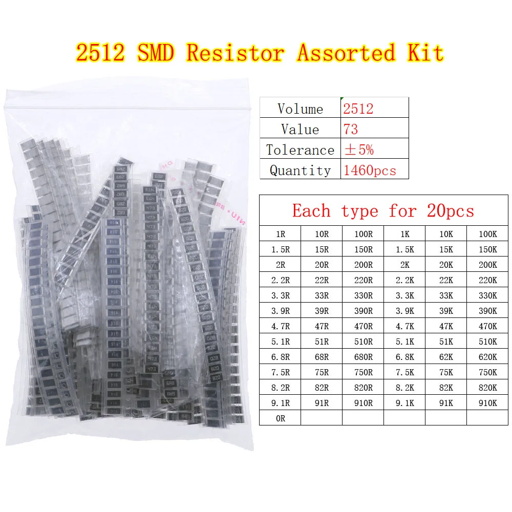 Resistor Fixo Chip SMD, Pacote de Kit de Sortimento, 0402 0603 0805 1206 2512, 0ohm-10mohm