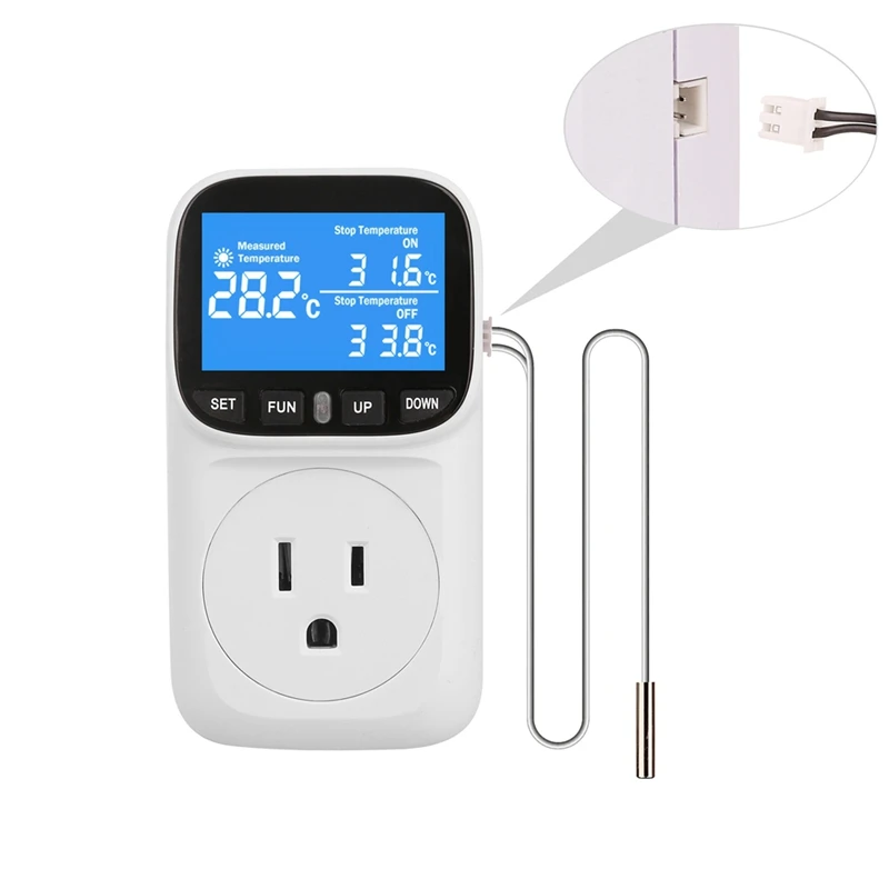 Digital Temperature Controller Socket Outlet Thermostat With Timer-Sensor Probe Heating Cooling Switch Backlight US Plug