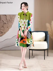 Standing Collar Pleated Dress 2025 Autumn Single Row Printed Cape Jacket Holiday Clothing Elegant Women's Clothing