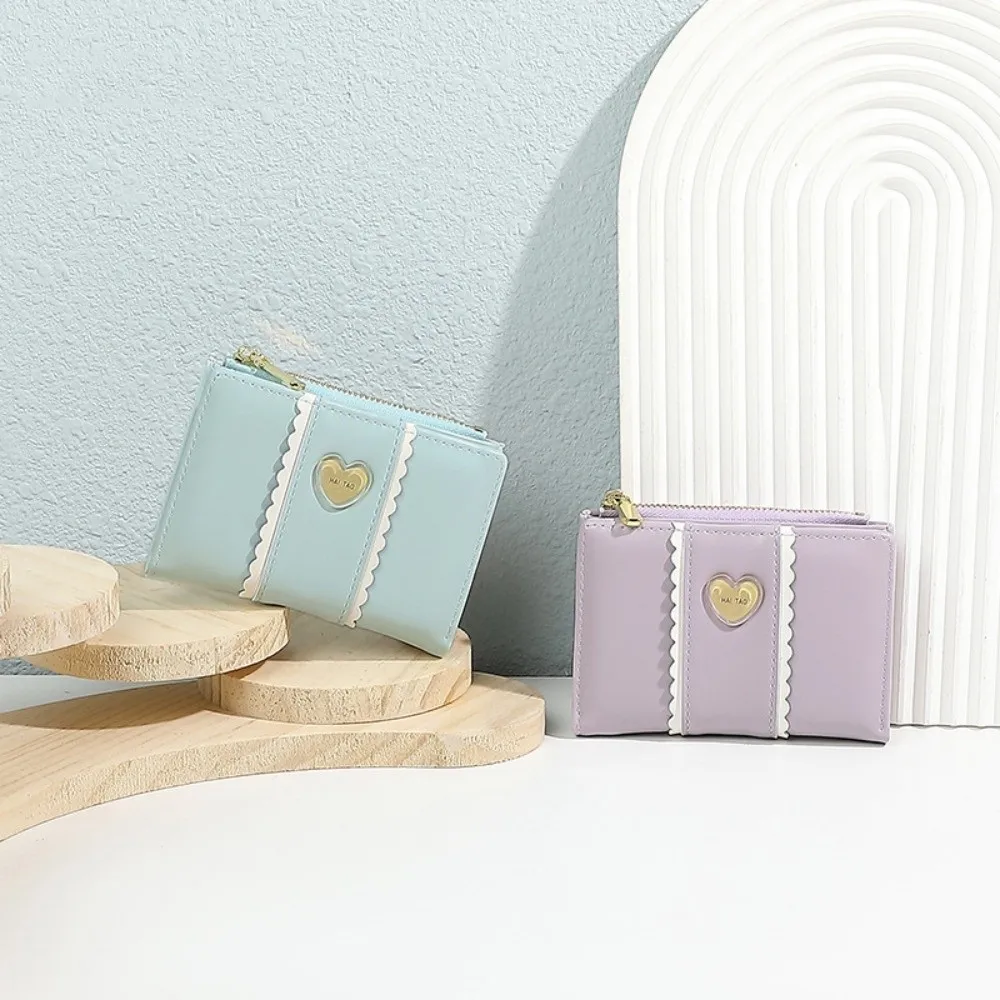 

Elegant Women Short Wallet Pu Leather Love Heart Biofold Business Purse Candy Color Waterproof Bank/ID/Credit Card Holder