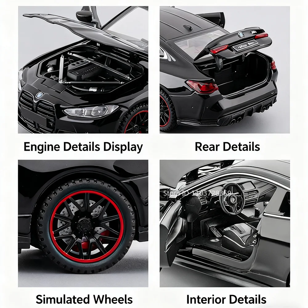 Modelo de coche de simulación 1:32 M4 320I, juguetes de Metal fundido a presión, puertas abiertas, luz de sonido, neumáticos de goma, vehículos ornamentales para niños