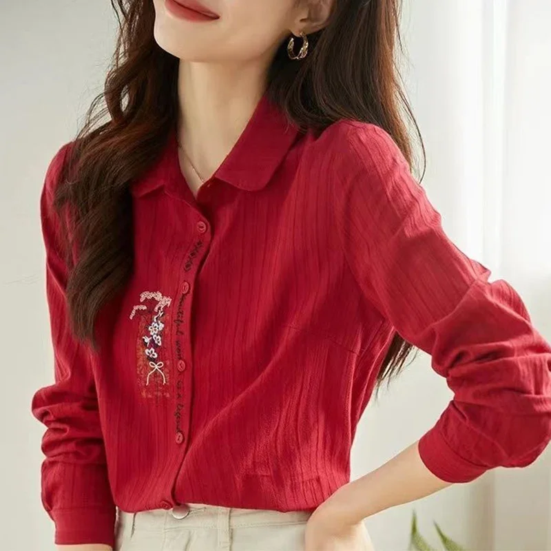 Camisa de manga larga con bordado de flores de algodón puro para mujer, Tops holgados informales para ir al trabajo, ropa de moda para mujer