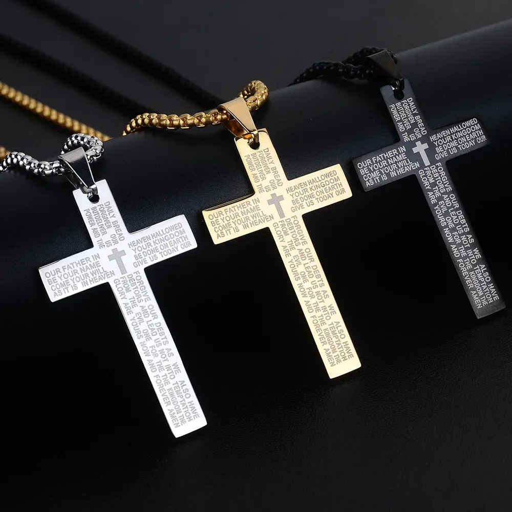 Black Cross Bible Men's Necklace Scripture Our Father In Heaven for Religious Male