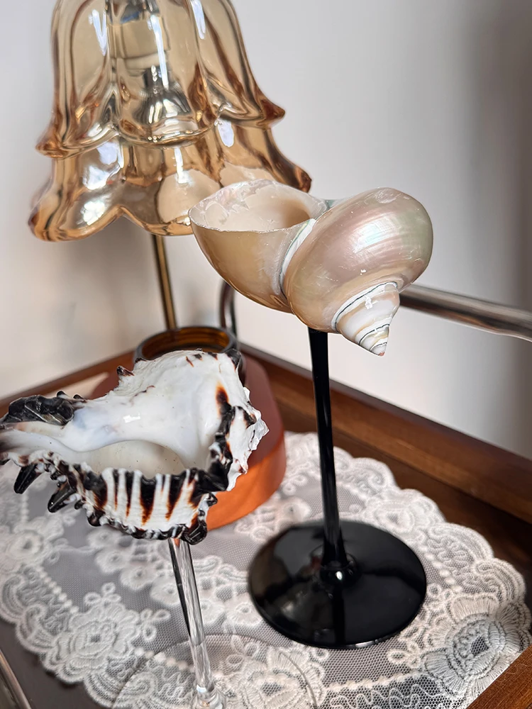 Wabi-Sabi Natural Conch Shell Champagne Glass, Black Stem Barware - Luxury Home Decor & Unique Gift Set for Coastal Dining