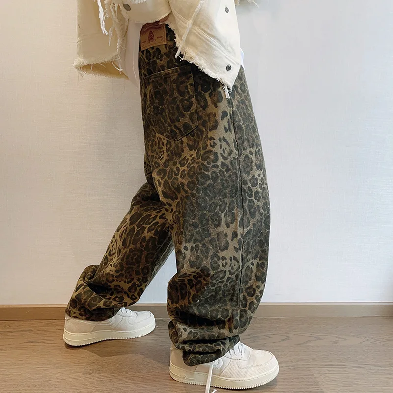 Cargo Pants Men Casual Trousers Loose Leopard Print Jeans Vintage Denim Ankle Length Pants Men Harem Pants Hip Hop Streetwear