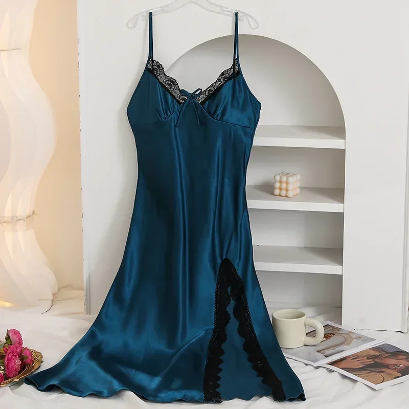 

Сексуальная длинная дышащая одежда для сна из ледяного шелка на бретельках, повседневное платье-комбинация с v-образным вырезом и открытой спиной, удобная летняя ночная рубашка, домашнее платье