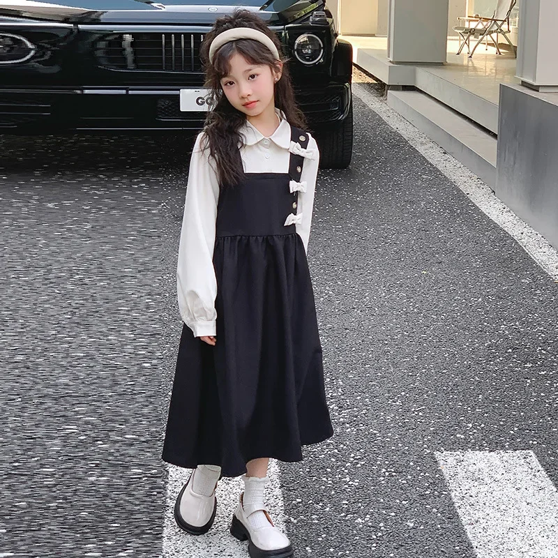 Girls' long sleeved dress for spring 2024 new Korean version of children's waist fake two-piece lace up lapel dress