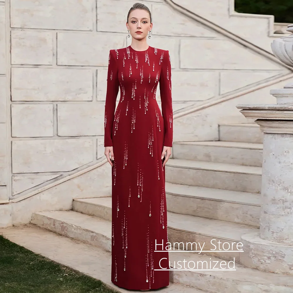 ชุดราตรีแบบเรียบง่ายสไตล์อาหรับ คอทรงกลม แขนยาว ประดับลูกปัด ผ่าหลังตรง ชุดออกงาน ชุดพรอม