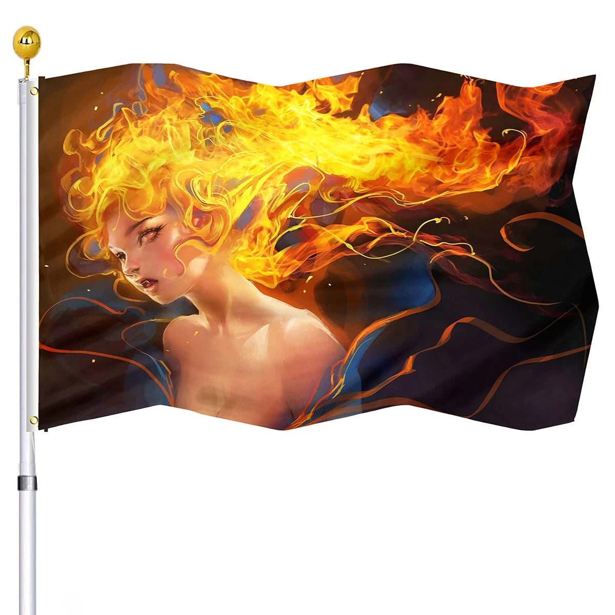 Girl Blowing Fire Flag Red Background Vivid Color Double Stitched Flags Polyester with Brass Grommets Indoor Outdoor House Decor