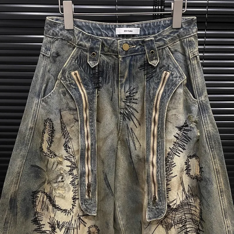 KBQ ضرب اللون شيك التطريز السراويل فضفاضة للنساء عالية الخصر تقسم جيوب تصميم تحسس الانحناء سكين بنطلون أنثى الموضة