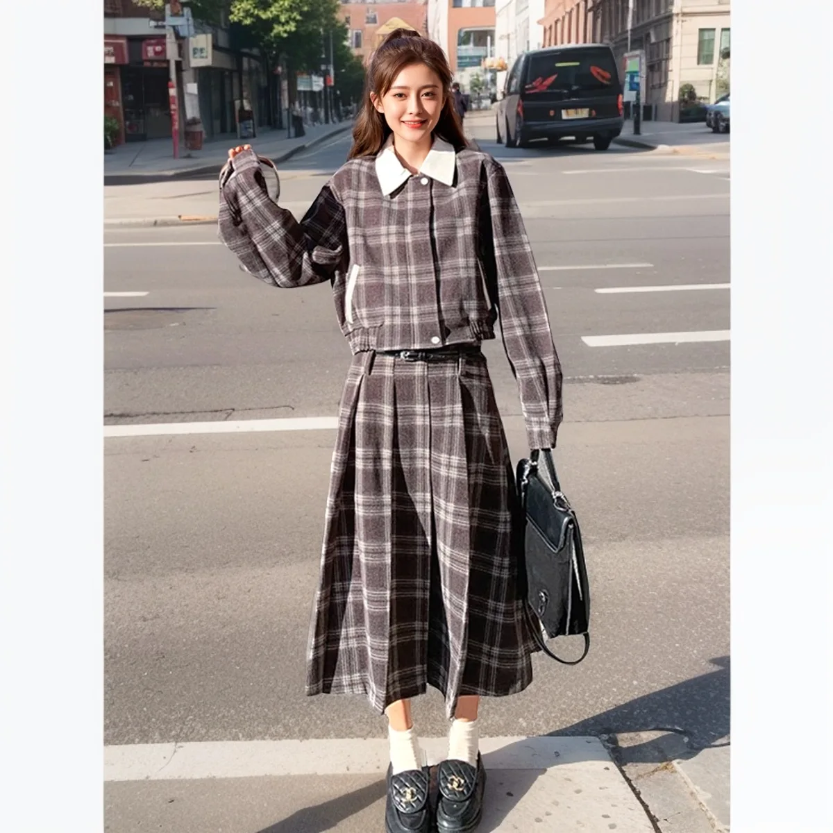 Loose plus size coarse tweed 2-pcs set with plaid cotton jacket+high waisted skirt autumn/winter small fragrance style set