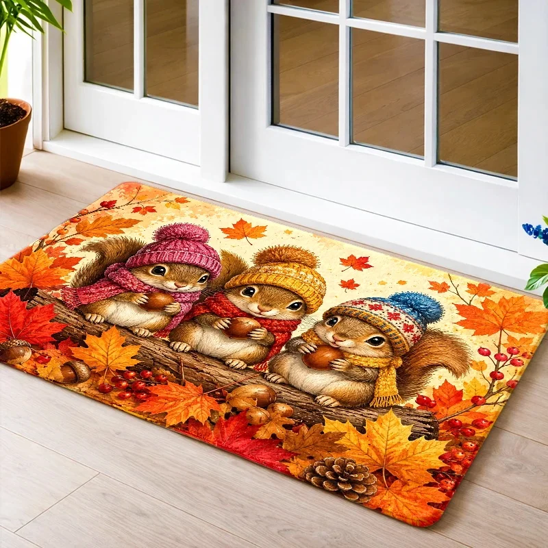 Cute Autumn‑Theme Entry Mat Lovely Squirrels with Knit Hats and Fall Foliage Floor Rug Seasonal Decor Carpet Front Door Entrance