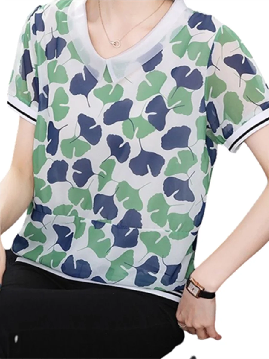 Women Spring Summer Blouses Shirts Lady Fashion Casual Short SleeveTurn-down Collar Ginkgo Biloba Print Blusas Tops WY0560