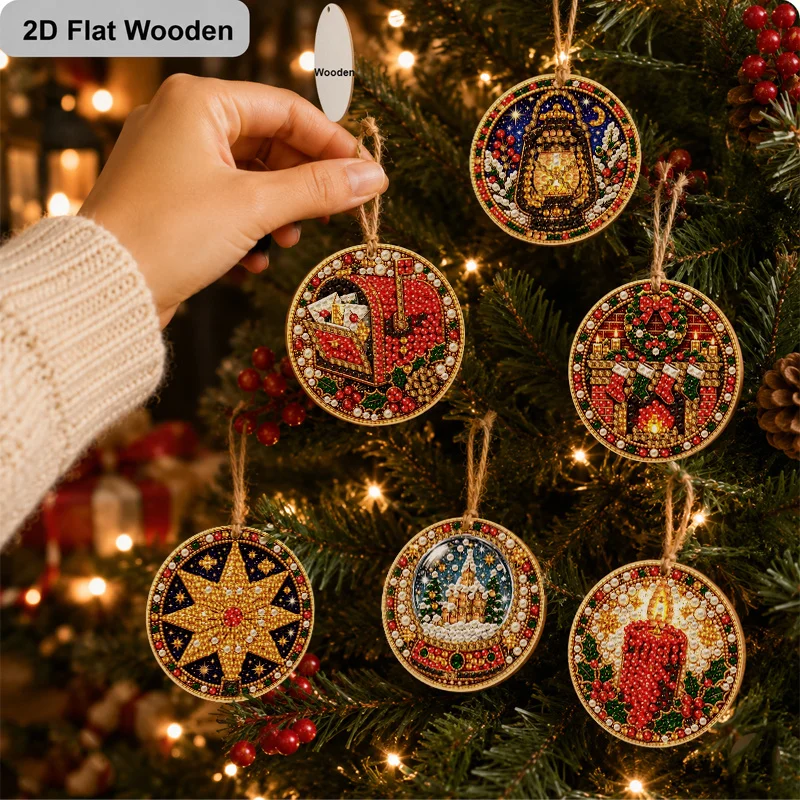 2D Flat 6Pcs DIY Diamond Painting Kit, Wooden Christmas Diamond Art Hanging Ornament, Round Bethlehem Star Night Sky Printed
