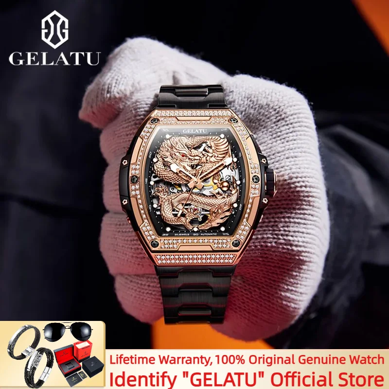 GELATU 6021 Automatic Mechanical Watch for Men Full Diamond Dragon Skeleton High End Wristwatches