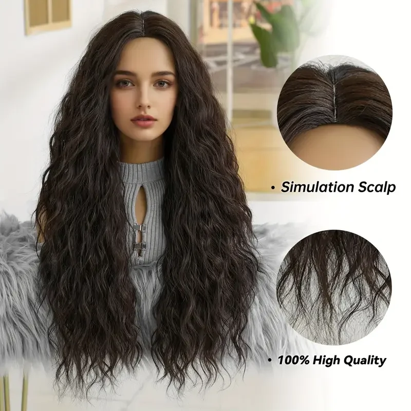 LOUIS FERRE Long Wavy Curly Synthetic Wigs Natural Brown Wigs For Women Daily Party Cosplay Use High Temperature Middle Part Wig