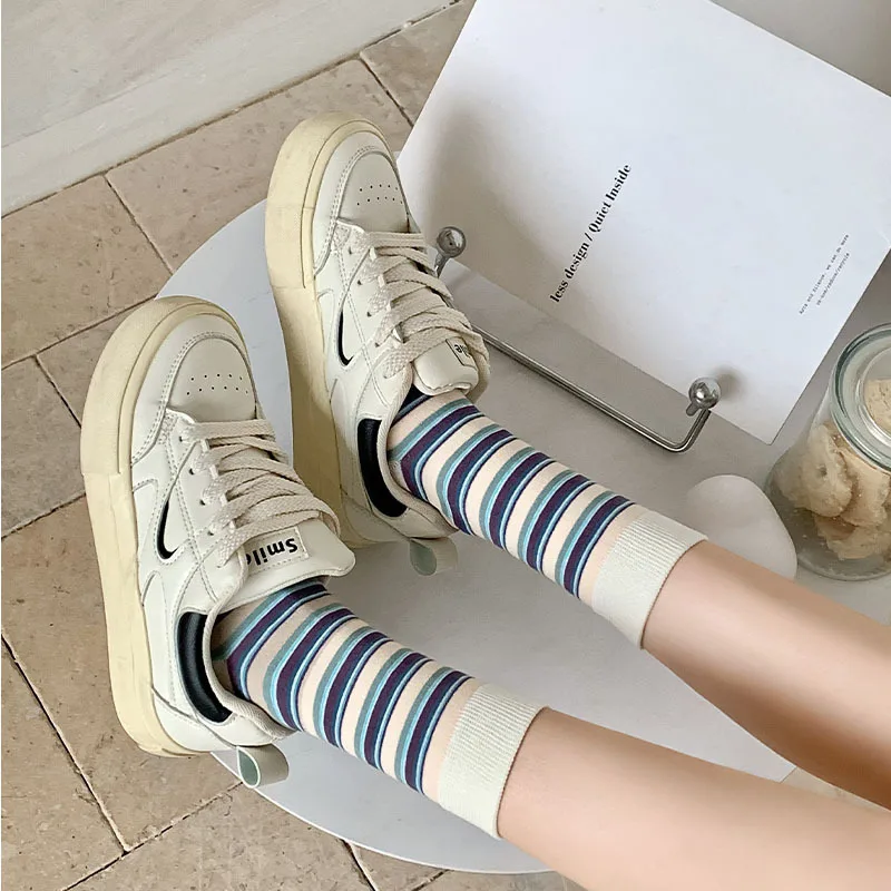 Socks Women Multicolor Striped Casual Harajuku Hip Hop Skateboard Sports Socks College Style School Girls Cute Cotton Long Socks