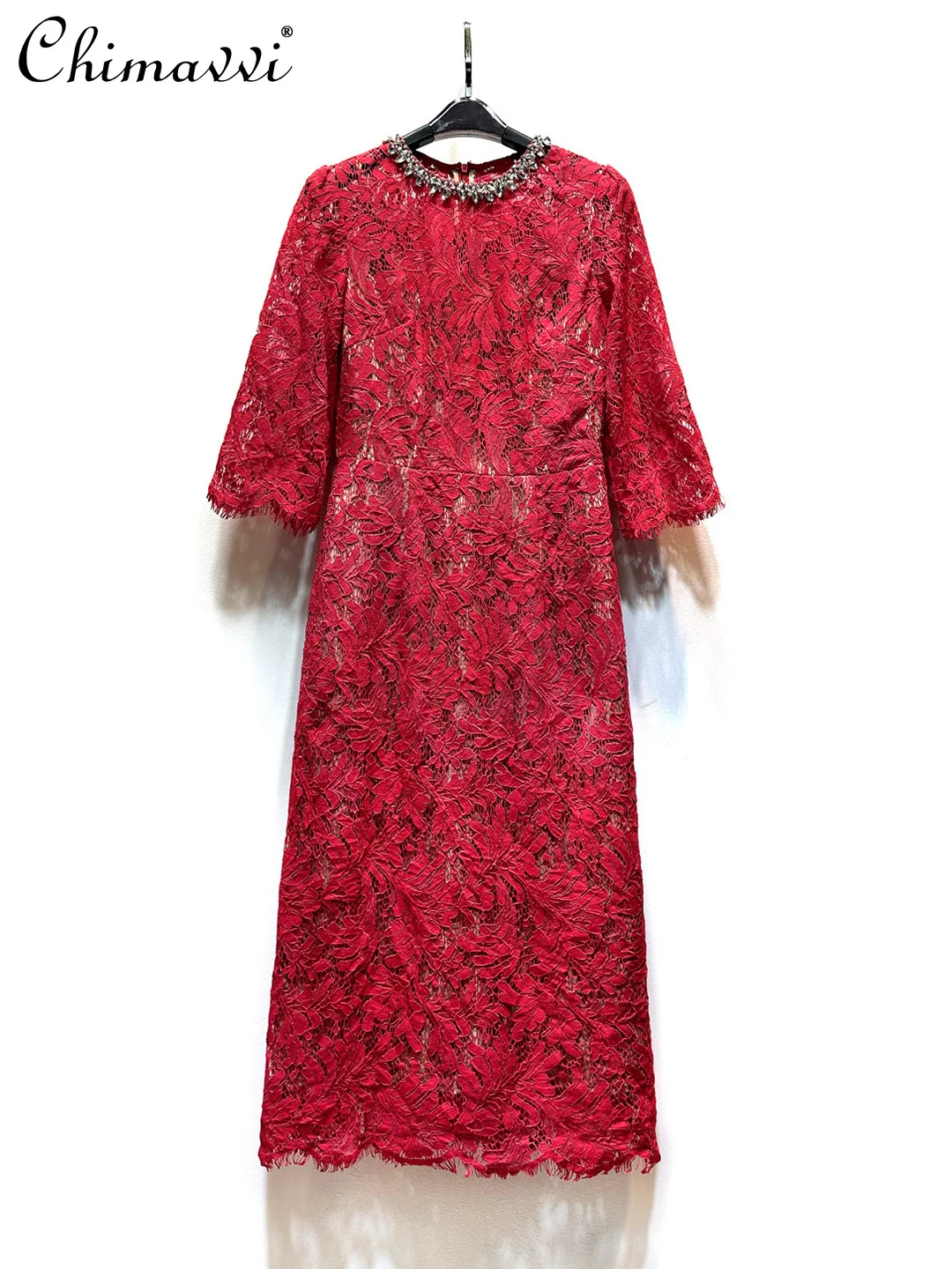 

Elegant French Slim Red Lace Dress Women's Light Luxury High-end Round Neck Short-sleeved Mid-length Dresses 2025 Summer New
