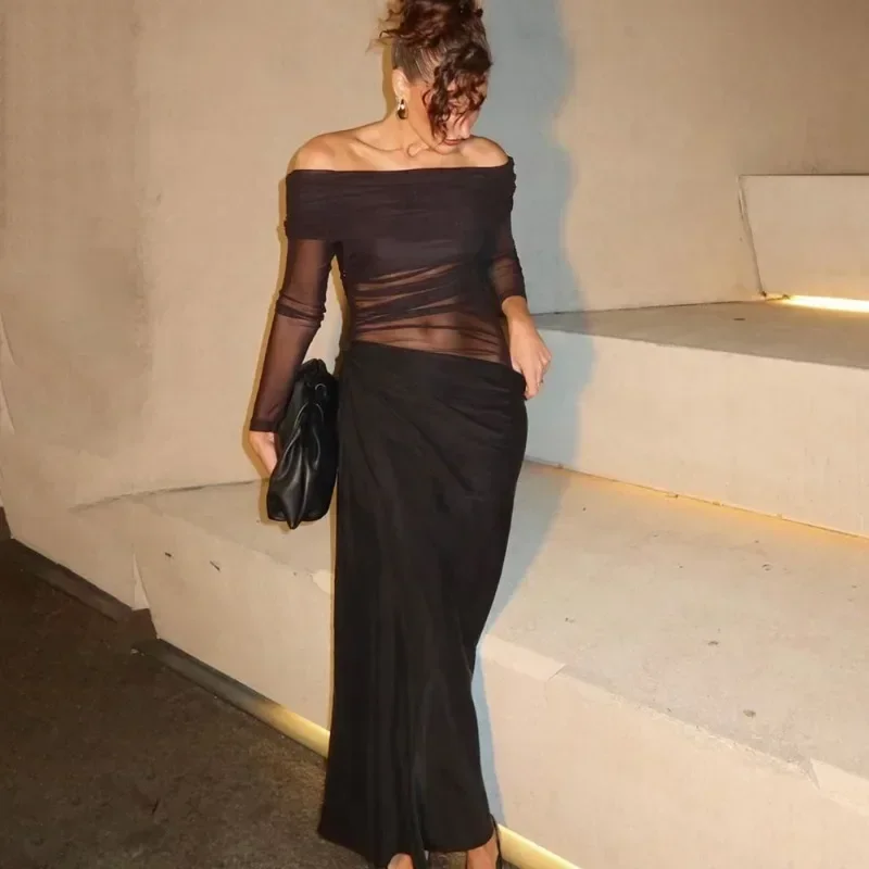 ชุดเดรสยาวตาข่ายซีทรูเซ็กซี่สำหรับผู้หญิง ชุดเดรสยาวแขนยาวแบบเปิดไหล่ข้างเดียว แต่งผ้าต่อกัน เหมาะสำหรับใส่ไปเที่ยวพักผ่อน งานปาร์ตี้ฤดูร้อน หรืองานกลางคืน