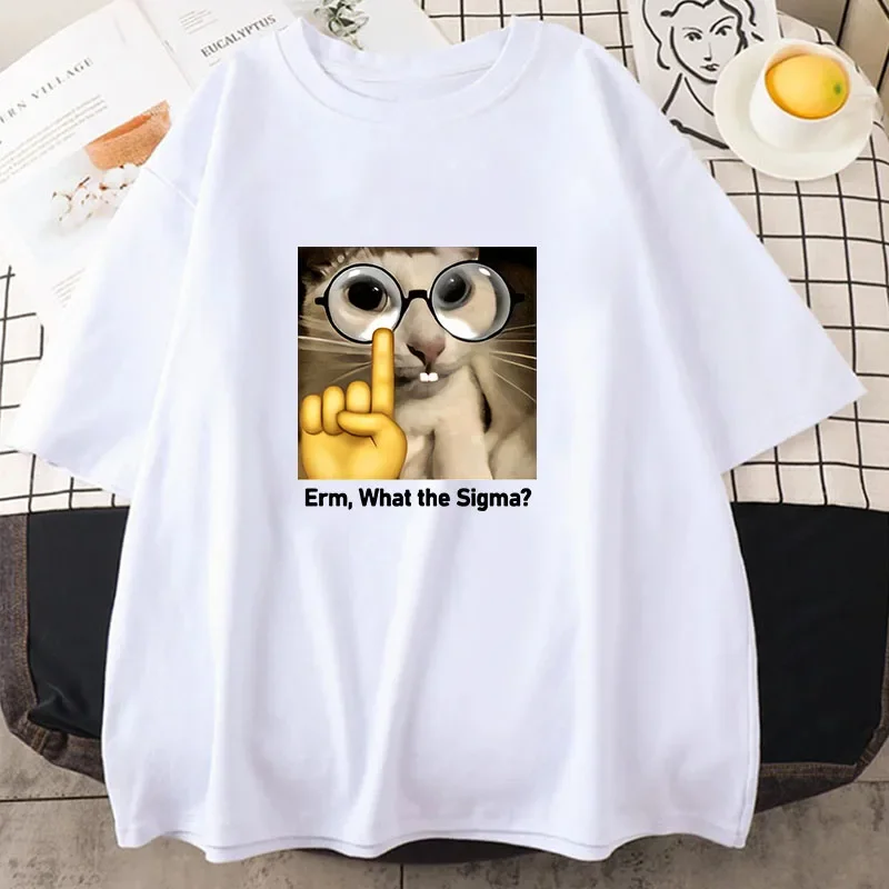 Erm, What Sigma? Funny Meme 2025 Summer T-shirts For Men Women Silly Cat Humor Printed Fashion Tops O-Neck Short Sleeve