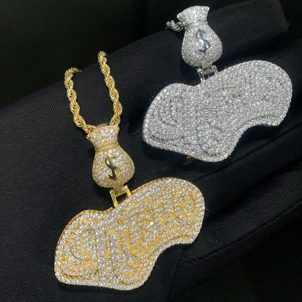 Bling Cz Paved Letter Pendant Dollar Money Bag Hustle Iced Out Zirconia Gold Color Necklace Men Women Hip Hop Jewelry