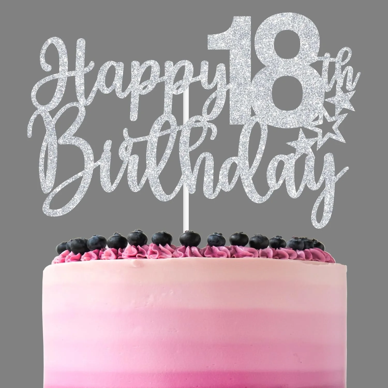 Silberner Glitzer-Tortenaufsatz „Happy 18th Birthday“ – glitzernde Tortendekoration für die 18. Geburtstagsfeier, keine Montage erforderlich