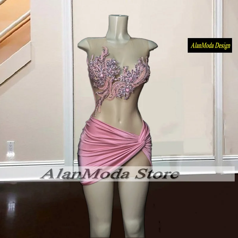 Vestidos de cumpleaños rosas para mujer, vestidos cortos transparentes con diamantes de imitación, vestidos de fiesta de cristal, Mini trajes de fiesta, ropa de cóctel personalizada