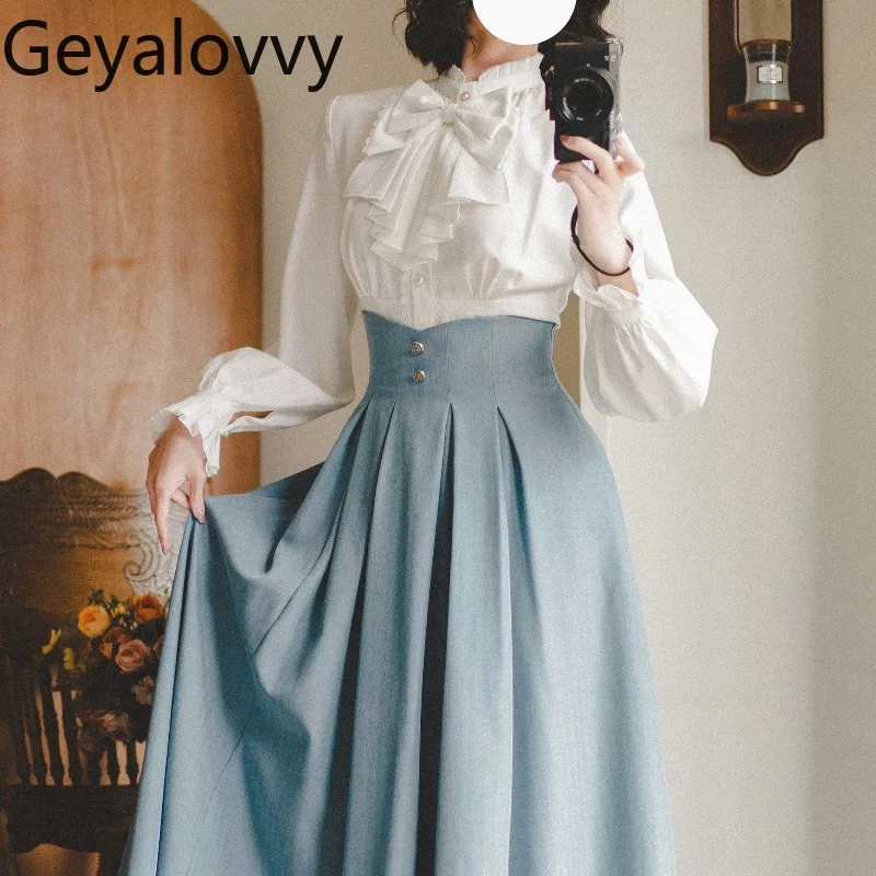 

Original Spring and Autumn New Style Stand Collar Slim Fit Long Sleeve Shirt Sweet Lolita Retro French Bow Versatile Tops