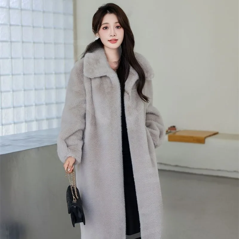 2024 New Imitation Mink Velvet Eco-friendly Fur Coat Female Long Style Thickening Type Loose Preppy Overcoat Trench Coat Winter