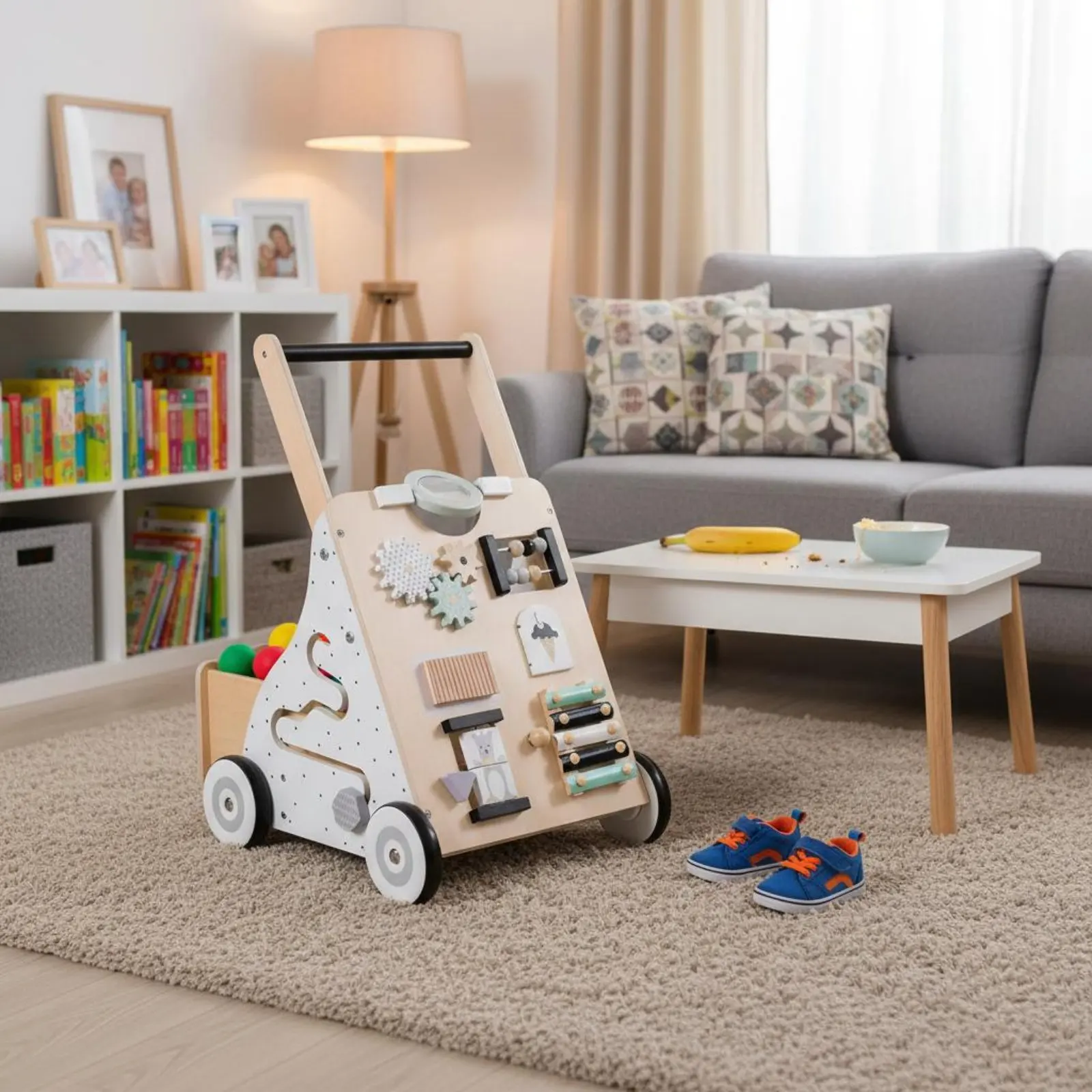 Carrinho de Empurrar de Madeira para Bebês, Brinquedo Educacional Multifuncional para Aprendizagem Precoce, Design Anti-Tombamento para Sala de Brinca