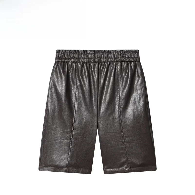 Fashionable Elastic Waist Leatherette Casual Shorts Women's High Waist Polyester Fiber Polyester 100% Autumn Season Shorts