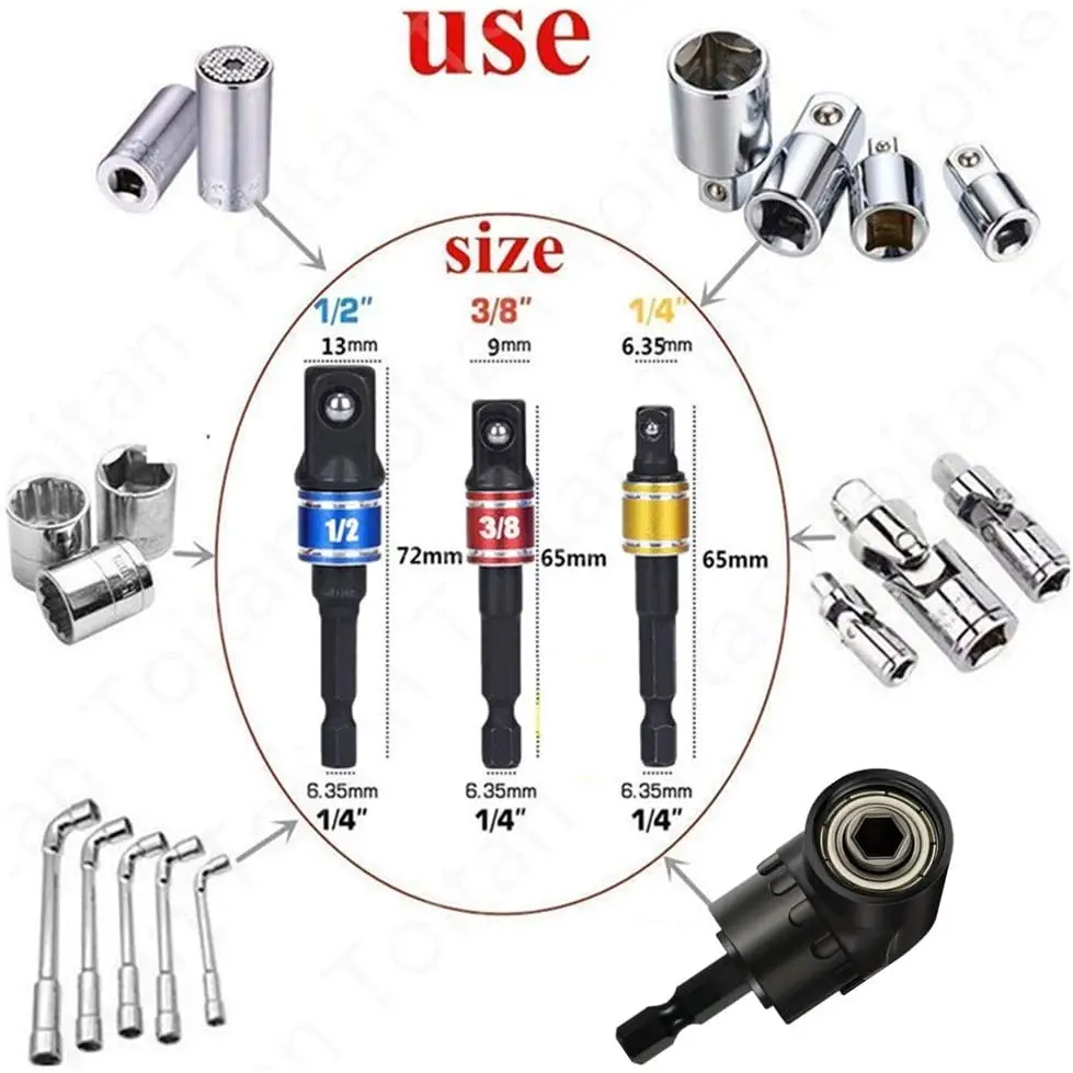 3 1/4 3/8 1/2 "Tác Động Cao Cấp Driver Ổ Cắm Adapter Mở Rộng Bộ Mũi Khoan 105 Độ Góc Tua Vít mũi Khoan Hex Bit
