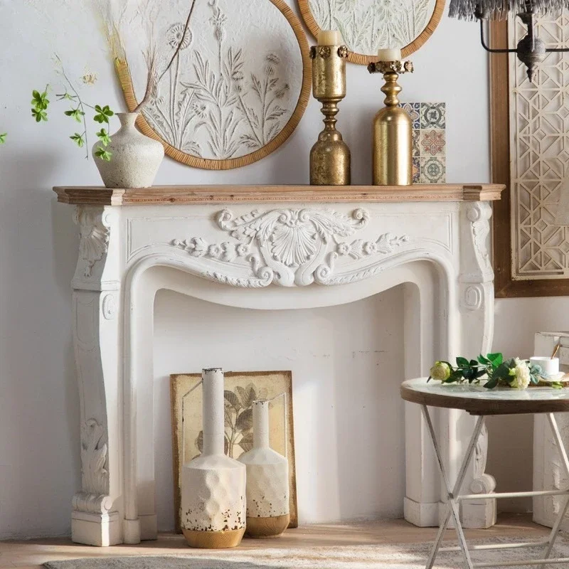 carved retro white fireplace, antique decorative frame in the living room, French entry ultra-thin entrance frame