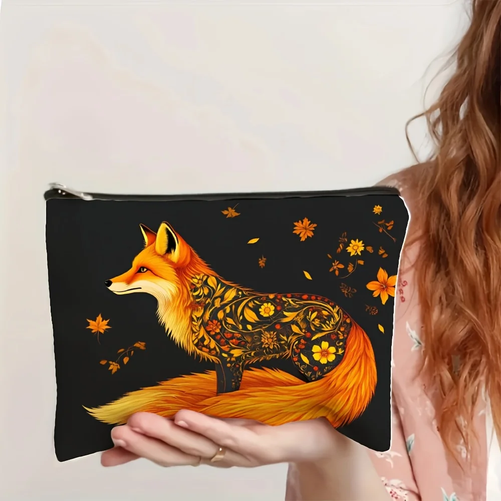กระเป๋าแต่งหน้าลายสุนัขจิ้งจอกและลายดอกไม้-กระเป๋าซิปอเนกประสงค์, กระเป๋าเก็บเครื่องประดับ, กระเป๋าซิปขนาดเล็กสำหรับเดินทางที่สมบูรณ์แบบ