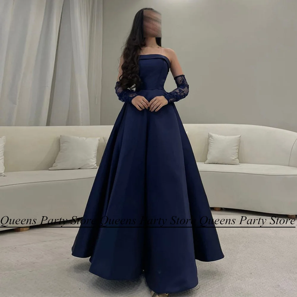 

Navy Blue Satin Evening Dress Boat Neck Detachable Lace Slevees A Line Ankle Length Saudi Arabic Party Dresses Dubai Prom Gown