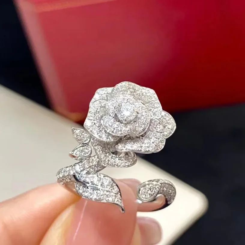 Delicate Women Rose Flower Leaves Rings Simple Fashion 925 Sterling Silver Finger Ring Jewelry Lady Valentine\'S Day Gift Jewelry