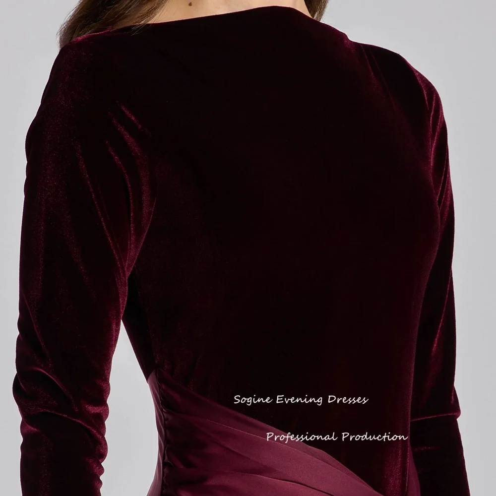 فساتين سهرة مخصصة من الساتان المخملي للنساء بخصر عالٍ على شكل حرف a وأكمام طويلة للحفلات الراقصة فساتين رسمية بطول الكاحل منخفضة