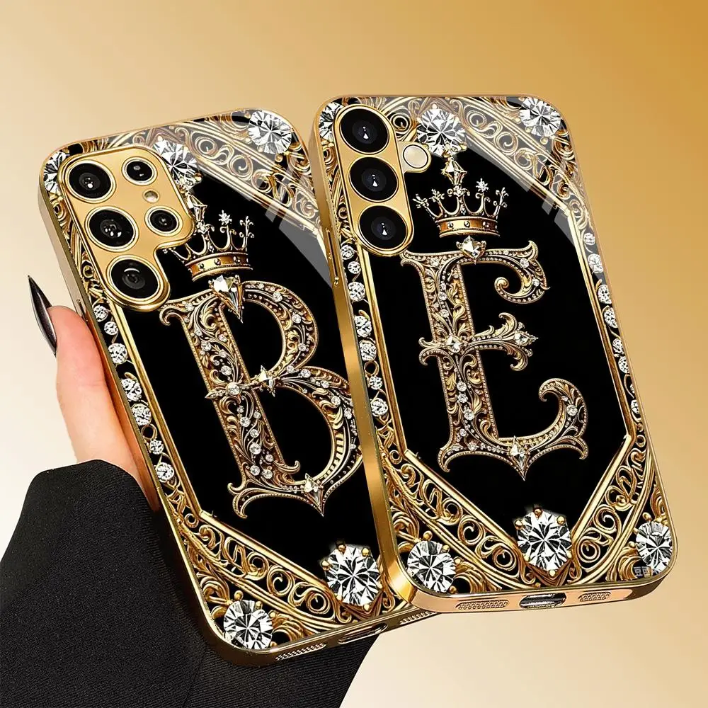 Gold-Diamant-Dekor-Alphabet-Glas-Handyhülle für Samsung Galaxy A25 A35 A55 A14 A24 A34 A54 Stoßfeste Glänzende Hartschale