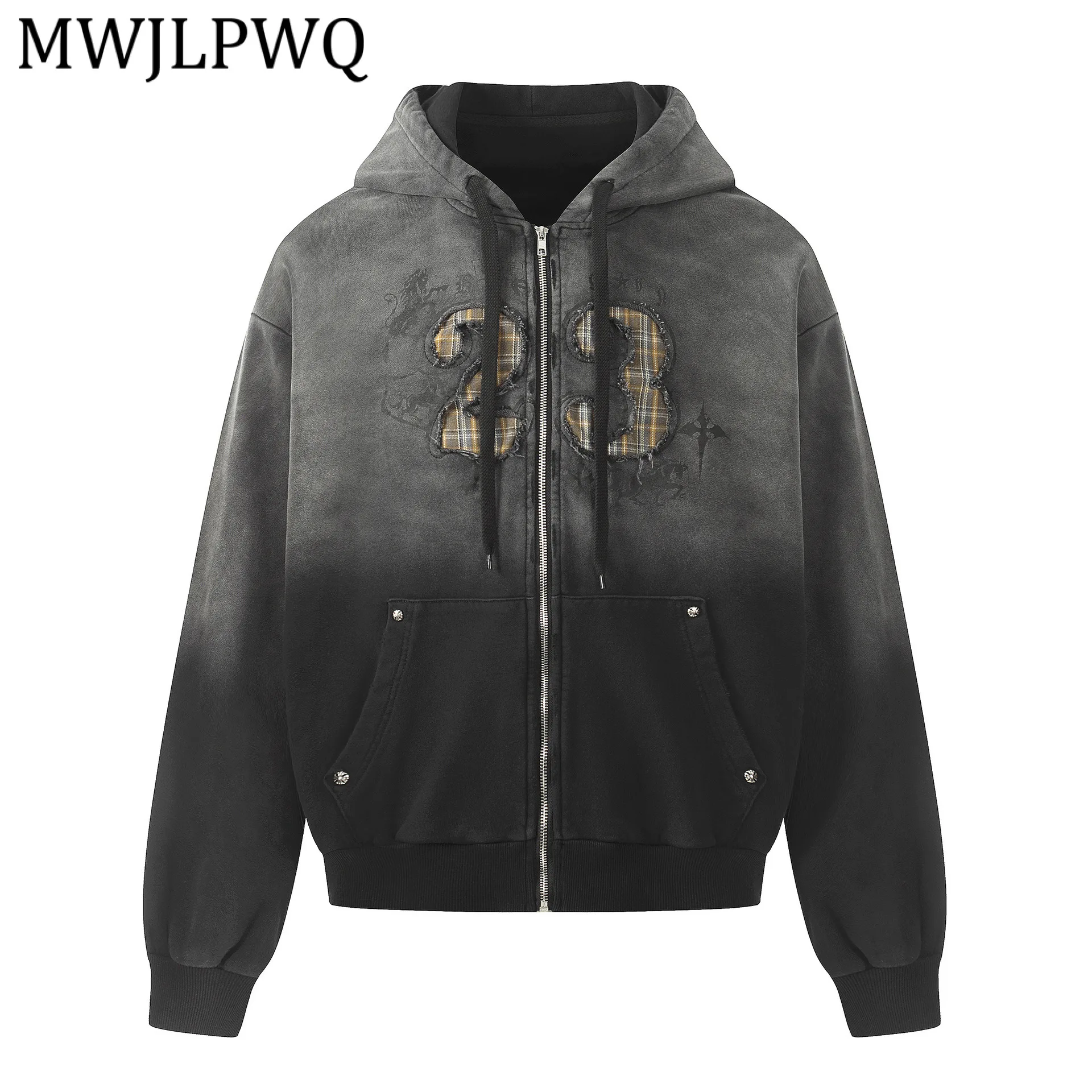 

MWJLPWQ Washed Patch Embroidery Zipper Sweatershirt For Men And Women American Street Style Long Sleeve Hoodie 2026 New 13166