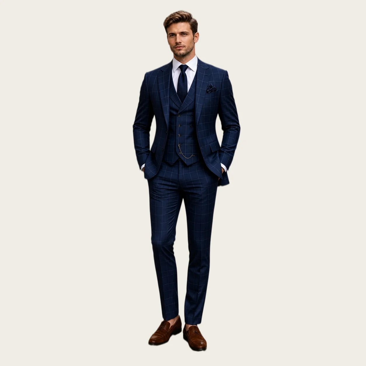 

Customized Men's Suits Peaked Lapel Single Breasted Plaid 3 Pieces Wedding Groom Suit Slim Fit Tuxedo Office Business Blazer