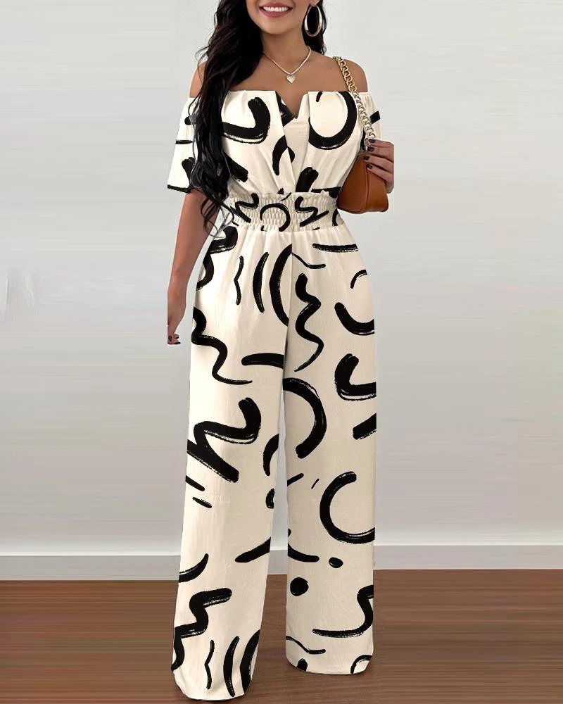 

STYLISH LADY Printed Rompers and Jumpsuits 2023 Summer Women Off the Shoulder Slash Neck Elegant Party OL Wide Leg Overalls