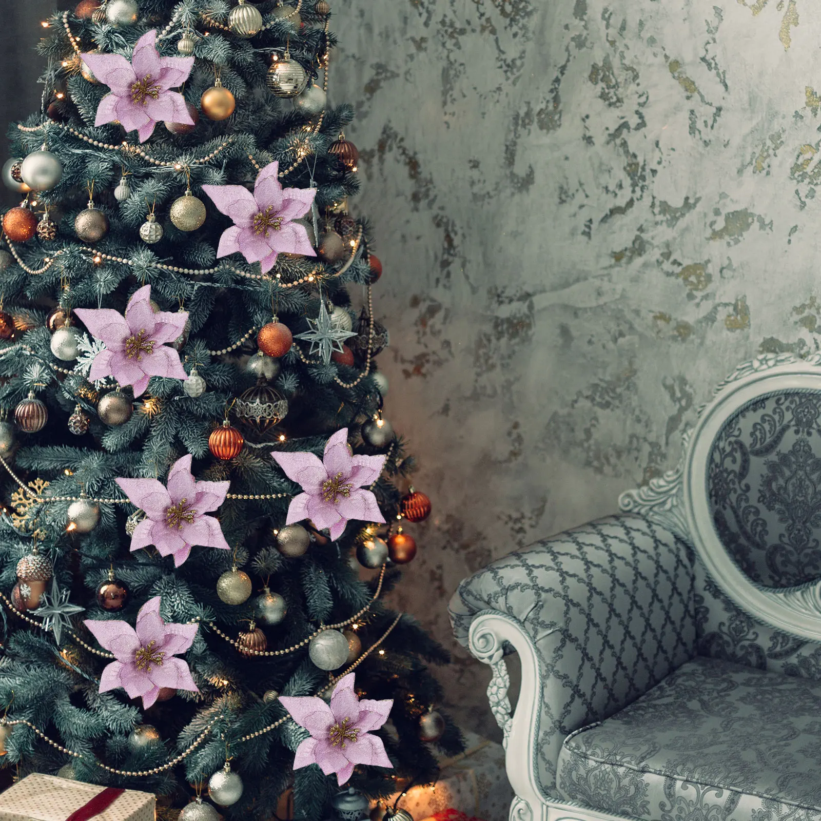 

6pcs Christmas Artificial Flowers Fake Flower Xmas Tree Decorative Garland Accessories Wedding Holiday Decoration Simulated